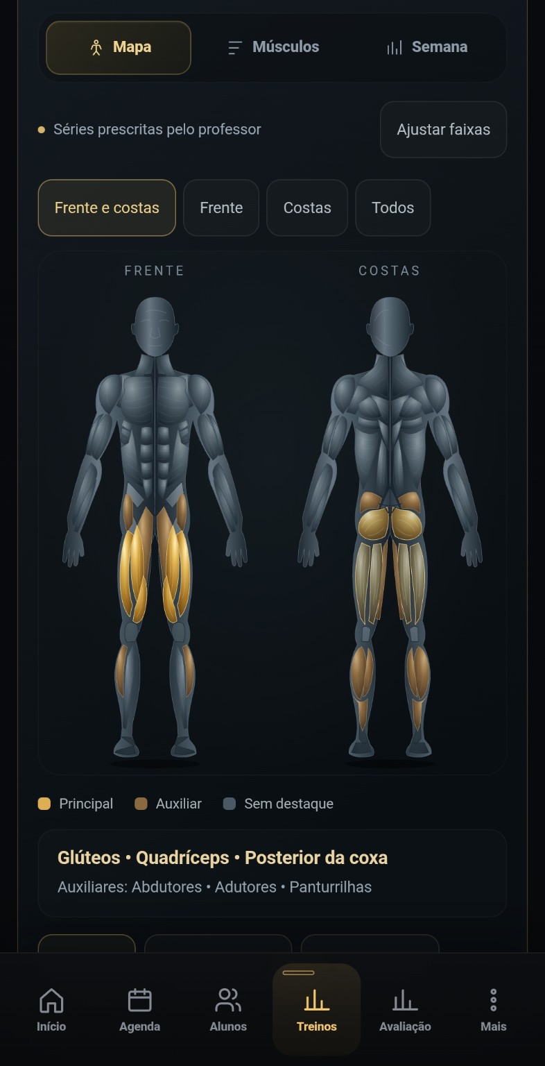 Mapa Muscular 360 do Vigexa, com destaque de músculos principais e auxiliares.