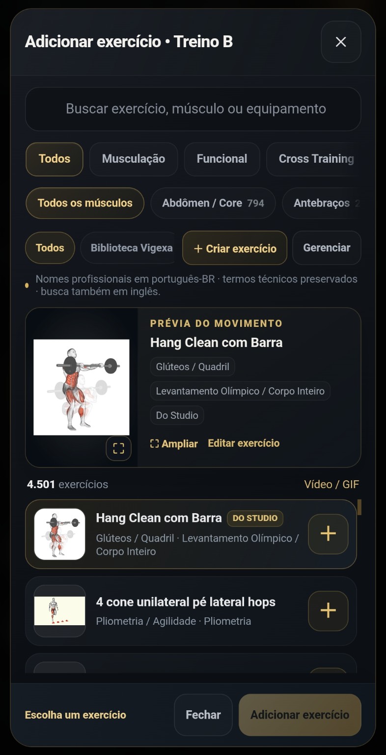 Seletor real de exercícios com filtros e mídia
